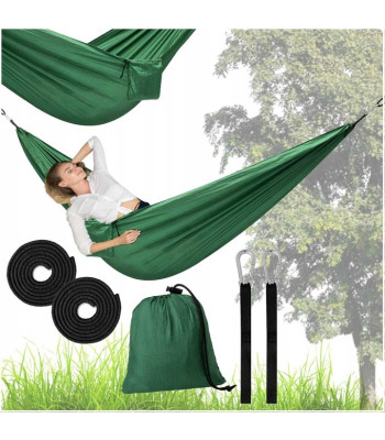 Turistidele mõeldud võrkkiik metallkarabiinide ja kinnitusnööridega, 260 x 140 cm, roheline