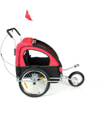 Jalgratta külge on kinnitatud kahekohaline jalutuskäru - varikatusega haagis lastele