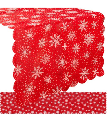 Pikk punane jõululauariba valgete lumehelvestega 185 x 35 cm