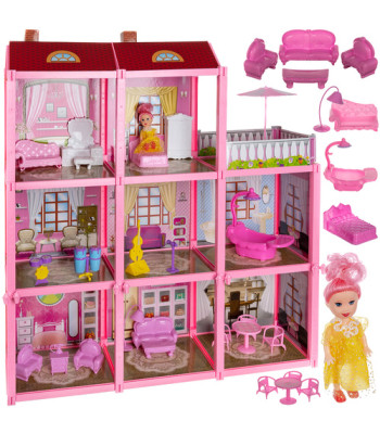 Nukumaja Iso Trade 3-korruseline rõduga + nukk + 22 mööblitükki