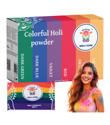 värviline holi pulbri komplekt 6 x 100 g holi cow 27335