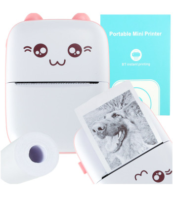 Mini Termotrükprinter Piltidele ja Etikettidele + USB Kaabel Roosa Kass