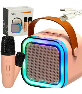 Karaoke komplekt 2 mikrofoni + kaasaskantav kõlar BLUETOOTH USB LED roosa