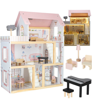 Puidust nukumaja mööbliga 78cm roosa LED