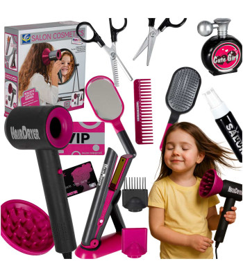 Laste juuksurimängu komplekt - föön, sirgendaja, valgus ja heli, 19 elementi