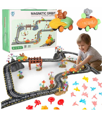Magnetiline võidusõidurada autodele - loov mänguasi + 2 autot - 310 elementi
