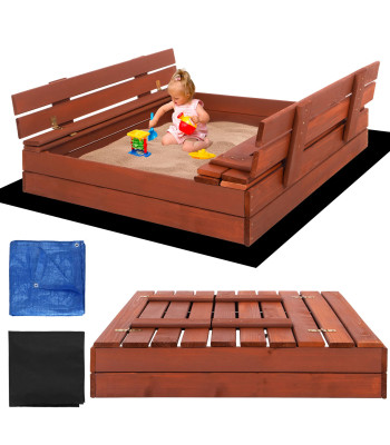 Kaetav liivakast pinkidega Springos SBP100SET04 100×100 cm immutatud puidust, geotekstiiliga ja plaaniga, pruun