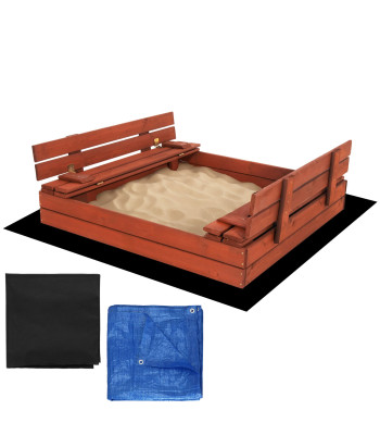 Kaetud liivakast pinkidega Springos SBP120SET02 120x120 cm immutatud puit, koos pealiskatte ja aluskangaga