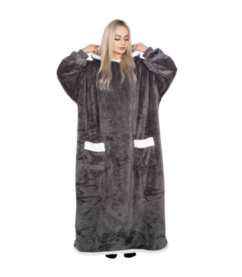 Suure kapuutsiga tekk-pleed, tumehall/valge karusnahast äär, Springos HA7330, oversize