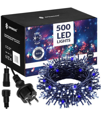 LED-valguskett kuusele, külm valge ja sinine vilkuv valgus, 500 LED, 31,5 m, Springos CL0533