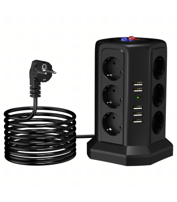 Seisv toiteplokk 12 pistikupesa + 5 USB-porti koos piksekaitse ja lähtestusfunktsiooniga