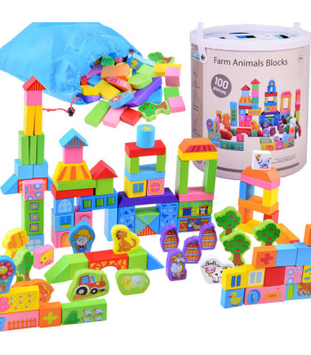 Värvilised Puidust Klotsid Sorteriga Farm 100 tk ZA3565
