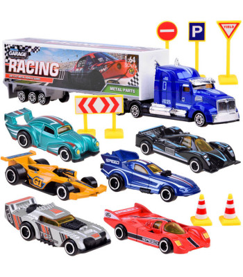 Metallist mänguautode komplekt koos liiklusmärkidega