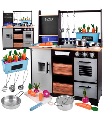 Loft-stiilis puidust köögikomplekt lastele koos külmikuga