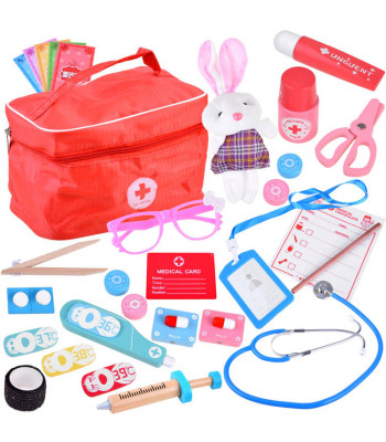 Väike arsti mängukomplekt puidust tarvikutega