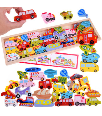 Puidust tähestiku puzzle komplekt sõidukitega