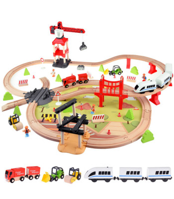 Puidust laste rongikomplekt transpordibaas kraana ja rong ZA4830