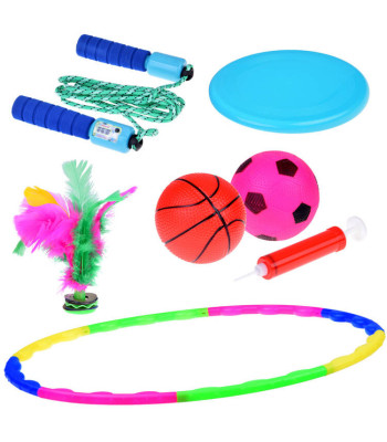 Laste Spordikomplekt 5in1 Hularõngas Ketas Hüppenöör Pallid Sulgpall
