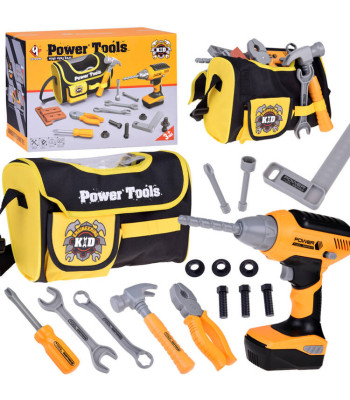 Laste jaoks suur tööriistade komplekt ja kott akuga kruvikeeraja