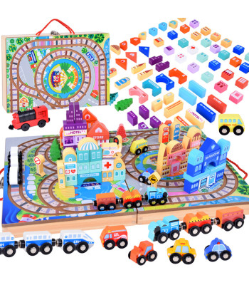 Puidust Rongikomplekt Linnaehitusplokid ja Kohvriga Rong 89 osa