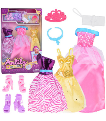 Moodne nukkude riiete komplekt: kleidid, ehted ja aksessuaarid ZA5413