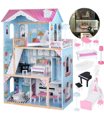 Suuremõõtmeline puidust nukumaja pastelsetes värvitoonides