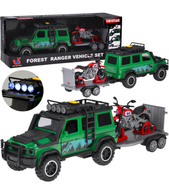 Mänguauto ja haagis mootorrattaga