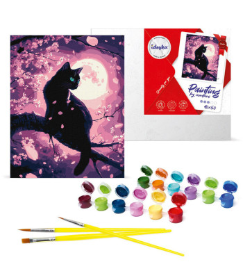 Võluv kass sakura seas metallikvärvidega 40x50 cm