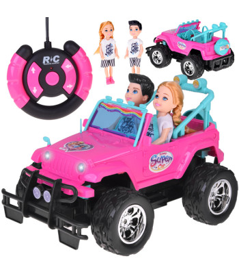 kaugjuhitav roosa maastikuauto nukkudele kahe figuuriga