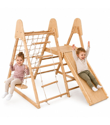 Puidust kodune mänguväljak 4 ühes liumäe, kiige, ronimisvõrgu ja köisredeliga SP0874 – 118 cm, 120,5 cm, 92 cm, 42 cm