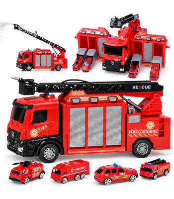 Transformeeruv tuletõrjeauto, valgus, heli, pritsib vett + 4 autot ZA6560