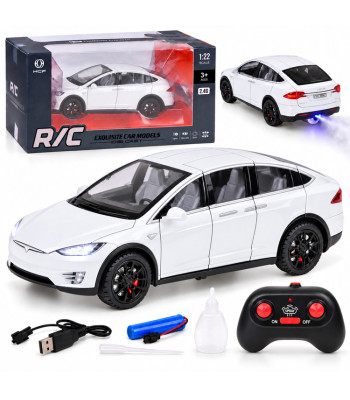 Metallkerega kaugjuhitav auto led-tulede ja suitsuefektiga, valge – Tesla Model X RC0772, 1:22