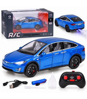Metallist kaugjuhitav auto led-tulede ja suitsuefektiga, sinine – Tesla Model X RC0772, 1:22