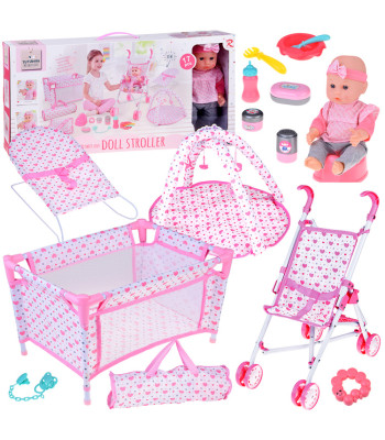 Deluxe beebinuku mängukomplekt käru, reisivoodi ja mängumatiga, 17 osa, ZA5916