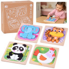 Puidust loomapuslede komplekt: panda, elevant, kana ja tiiger – ZA6259