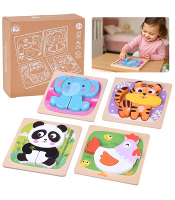 Puidust loomapuslede komplekt: panda, elevant, kana ja tiiger – ZA6259