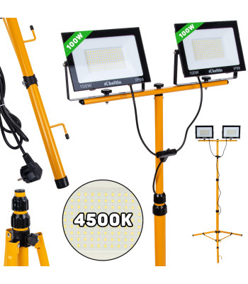 LED-prožektor teleskoopse ehitusstatiivi ja kaabliga, neutraalne valge valgus – 2x100W, 4500K