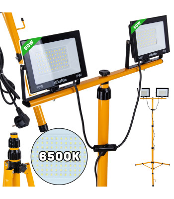 LED-prožektor ehitusliku teleskoopstatiivi ja juhtmega, külm valge valgus 6500K, 2x50W