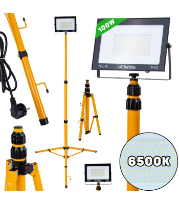 LED-prožektor ehitusliku teleskoopstatiivi ja juhtmega, külm valge 6500K, 100W