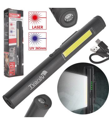 Töökoja kontroll-lamp magnetiga LED COB 5W + 3W UV-laser 800mAh 400lm IP44, 1,9 x 16,5 cm