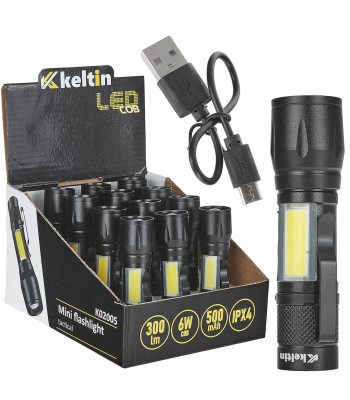 Mini taktikaline LED XPE/COB taskulamp – väljapanekukarp (12/96) – 10W 500mAh 500lm IPX5