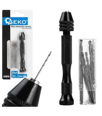 Mini käsipuur + HSS-puuriterade komplekt, 25 tk, 0,5–3,0 mm