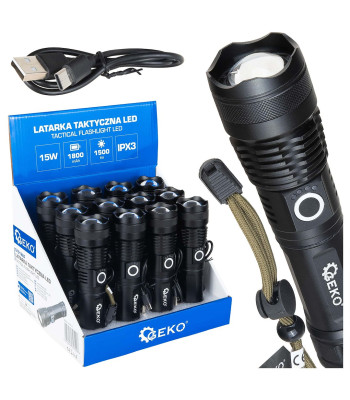 Taktikaline LED-taskulamp GEKO, väljapanekukarp – XHP50 15W 1800mAh 1500lm IPX3 (12/48)