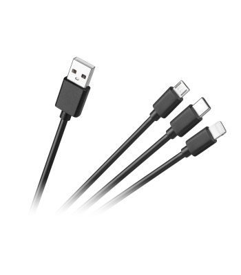 3-in-1 ühenduskaabel, USB A – micro USB + USB-C + Lightning, 1.2m
