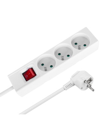 Rebel pikendusjuhe 3 prantsuse tüüpi pistikupesaga, lüliti ja maandusega, valge, 2m, 3x1,5mm