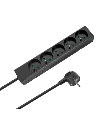 Pikendusjuhe 5 pistikupesaga, Prantsuse tüüpi, ilma lülitita, must Rebel, 3m (3x1,5mm)