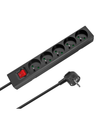 Rebel pikendusjuhe, 5 prantsuse tüüpi pistikupesa, lüliti, must, 5 m (3 × 1,5 mm²)
