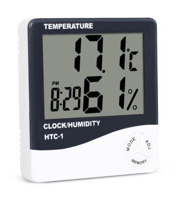 Elektrooniline LCD-sisetermomeeter õhutemperatuuri ja -niiskuse mõõtmiseks, kella, kuupäeva ja alarmiga, 9,7 × 10 × 2 cm