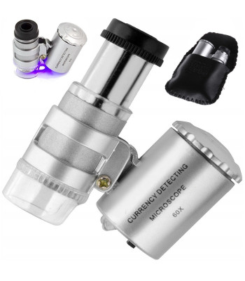 Juveliiriluup ja taskumikroskoop LED- ja UV-valgustusega, 60x