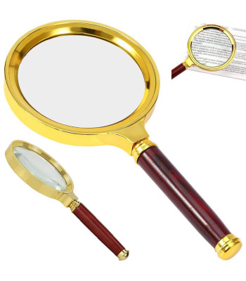 Elegantne kuldne käsiluup klaasist suurendusklaasiga – 80 mm